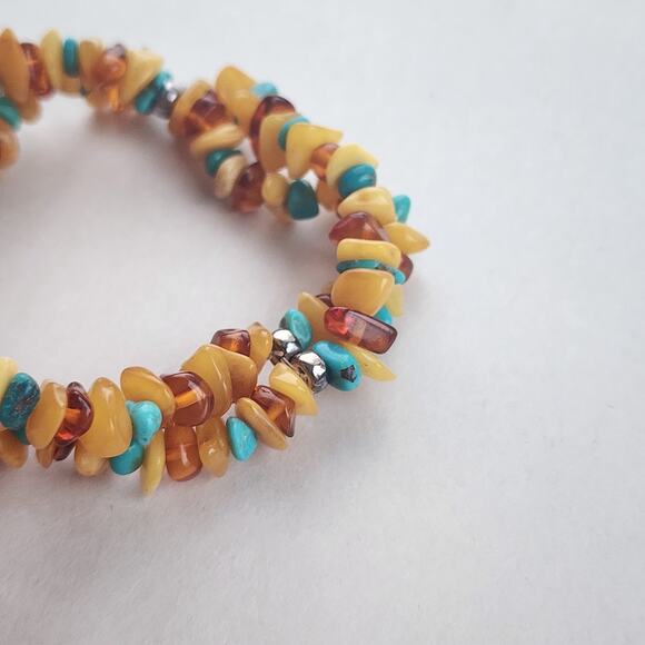 Jay King Amber Turquoise Beaded Bracelet New Stretch Double Two Strand Silver - Picture 2 of 5